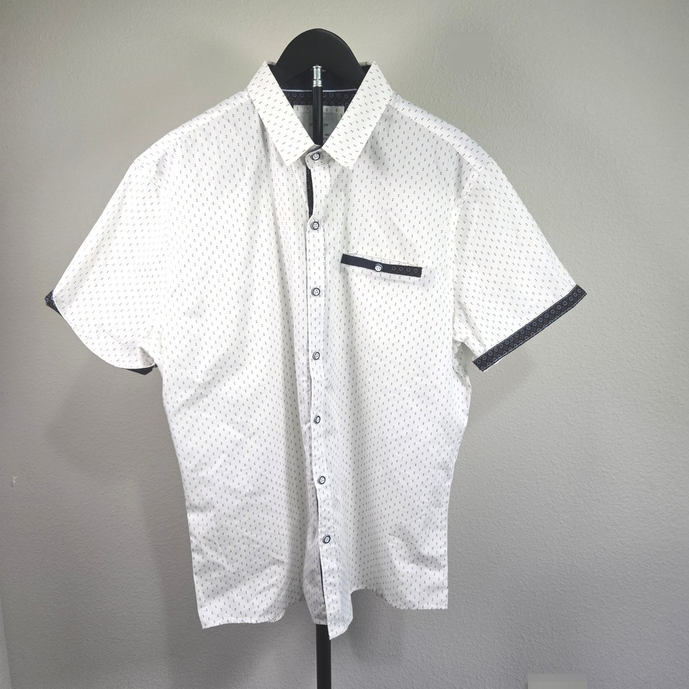 Craft + Flow Button Down Mens Large White Geometric Short Sleeve Smart Casual